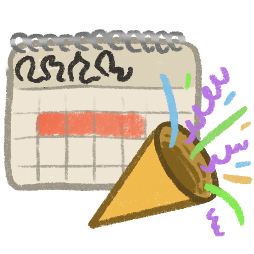 a calendar with a cone party popper overlapping it. The calendar has gibberish text written as the month. four days are highlighted in orange. The party popper is gold. 